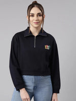 Women Navy Blue Solid Front-Open Oversized Crop Sweatshirt-AF-2099-Navyblue