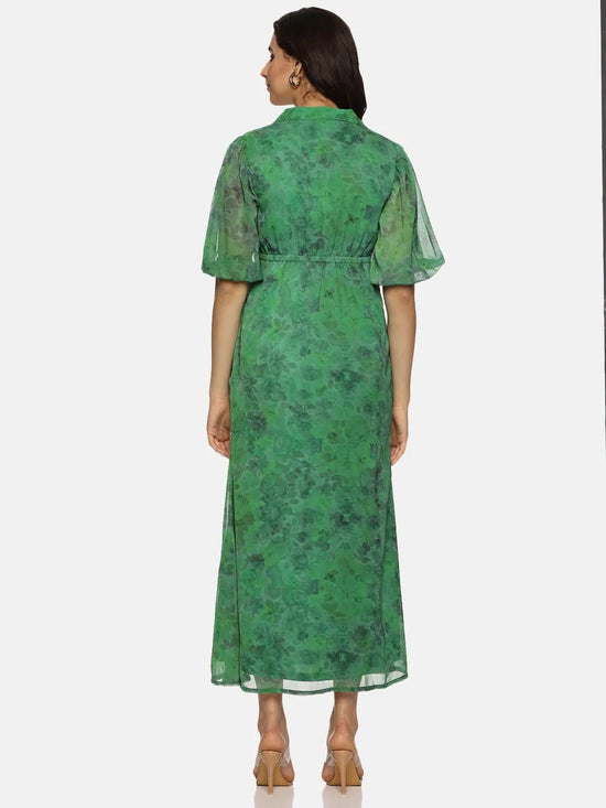 Floral Green Shirt Collared Maxi Dress-17347