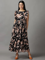 Women's Black Floral Fit and Flare Dress-AE-15731-Black