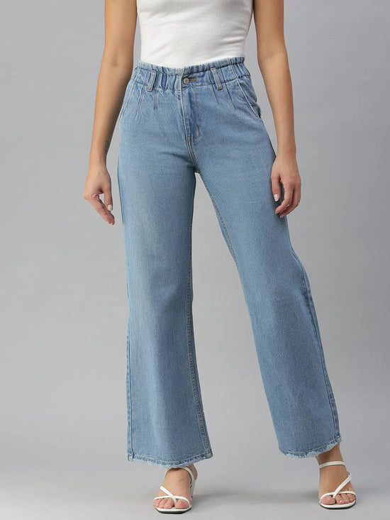 Women's Blue Solid Wide Leg Denim Jeans-GZ-5064A-Blue