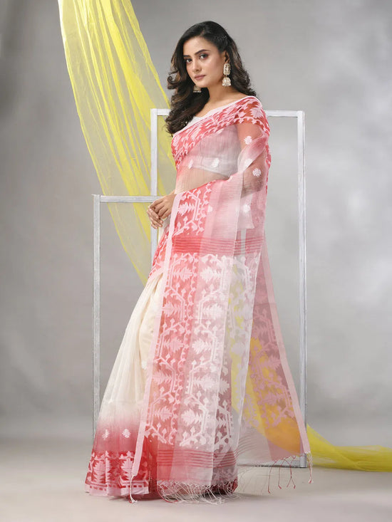 Off White Muslin Saree With Jamdani Designs-MA57MS331760010