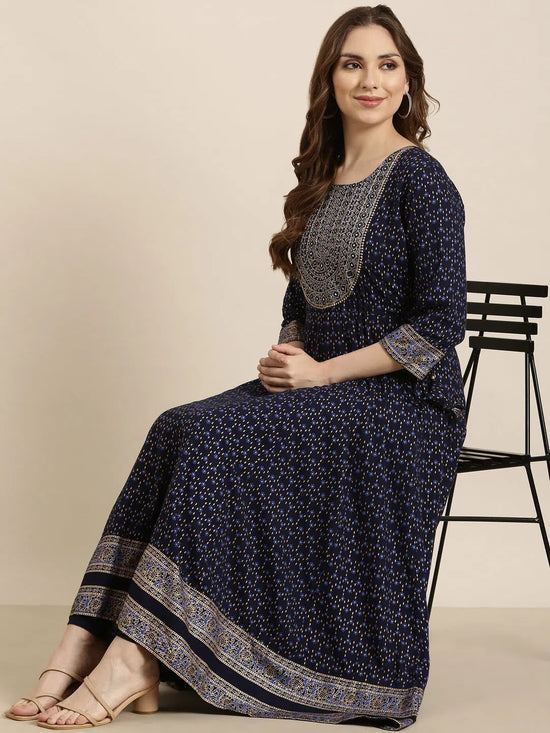 Women Anarkali Navy Blue Floral Kurta-AT-A915-LG-Navyblue