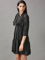 Women's Black Striped Fit and Flare Dress-AE-15712-Black