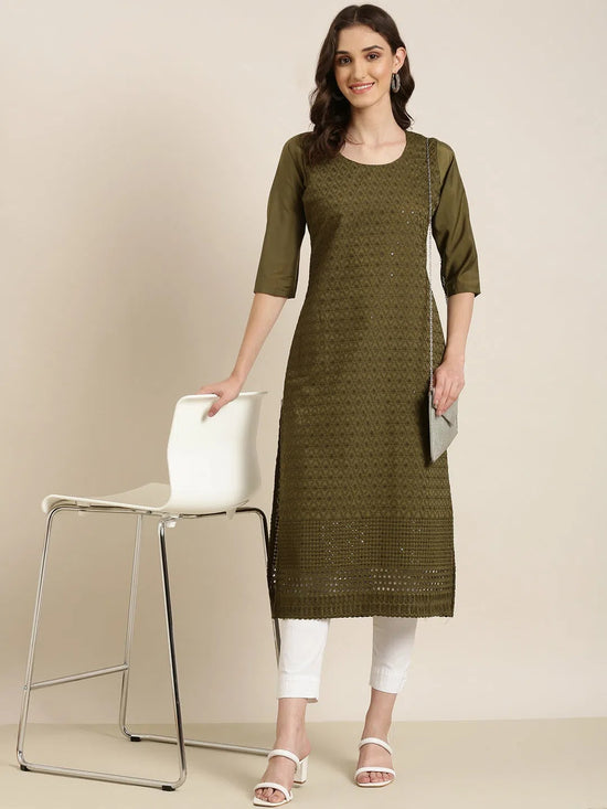 Women Olive Embellished Straight Kurta-SKC-1210-Olive