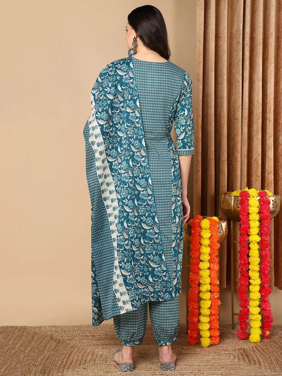 Ahika Women Teal Cotton Printed A-Line Kurta Salwar Set