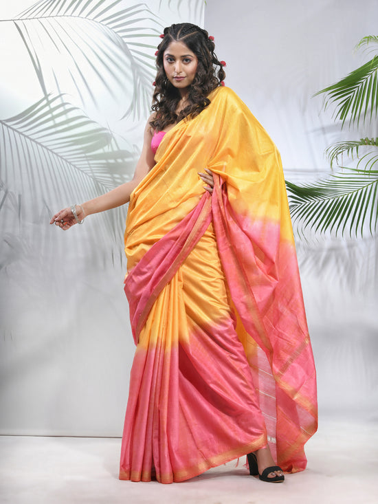 Yellow And Flamingo Pink Silk Saree With Zari Borders-MA56BSL34660011