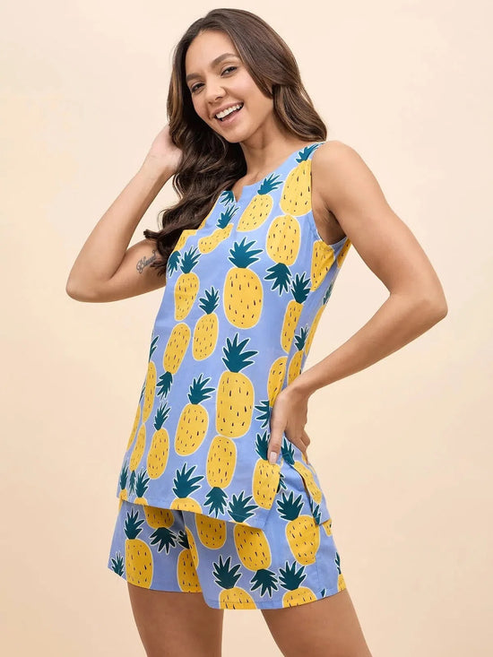 Kurta Shorts Set in Blue and Yellow Pineapple Print