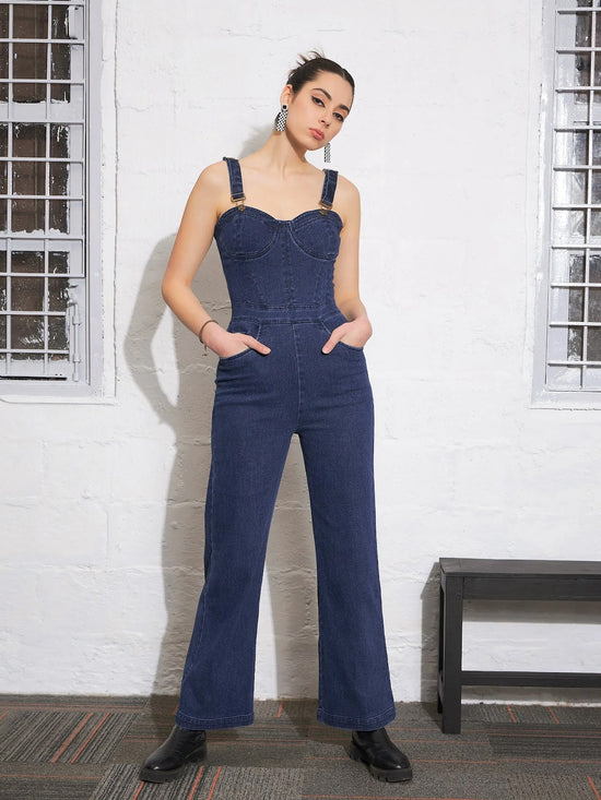 Women Navy Denim Sweatheart Strappy Corset Jumpsuit