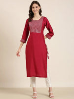 Women Maroon Solid Straight Kurta-AT-A1041-K-Maroon