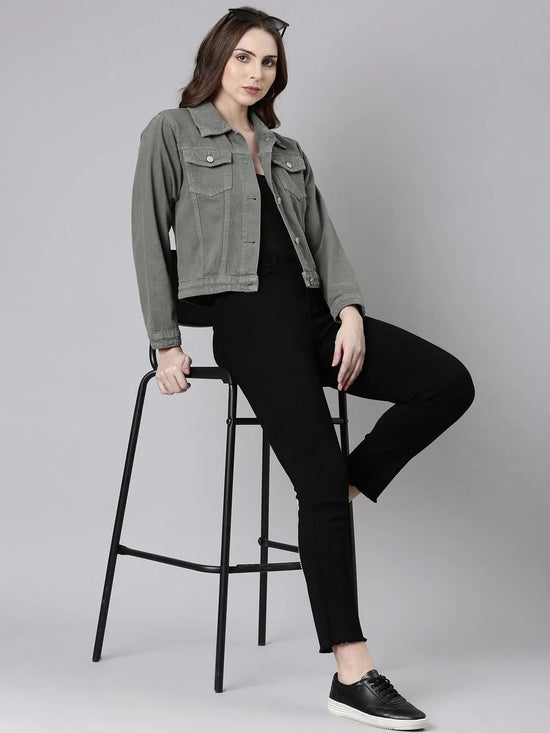 Women Grey Solid Denim Jacket-GZ-5598-Grey