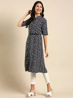 Women's Navy Blue Printed A-Line Kurta-DF-1457-Navyblue