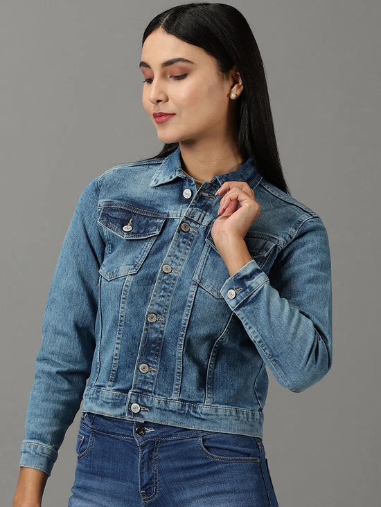 Women's Blue Solid Denim Jacket-GZ-5499-Blue