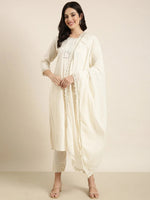 Women Straight Cream Solid Kurta and Trousers Set Comes With Dupatta-UB-2637-Cream