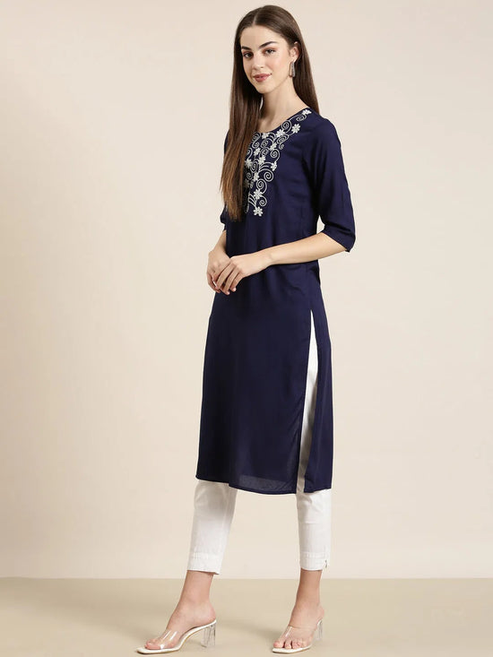 Women Navy Blue Solid Straight Kurta-NJ-3612218-Navyblue