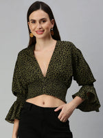 Women's Green Printed Tops-AE-10301-Oliveblack