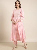 Women Anarkali Pink Solid Kurta and Trousers Set Comes With Dupatta-UB-2886-Pink