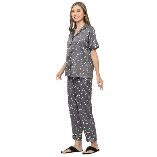 Smarty Pants Women's Silk Satin Grey Color Butterfly Print Night Suit