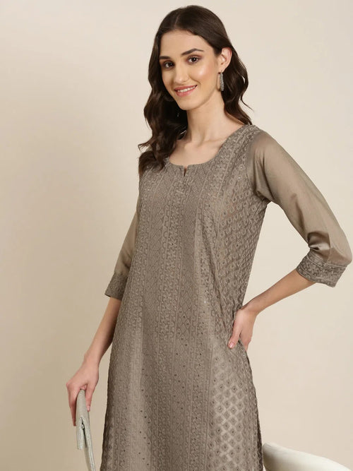 Women Taupe Embellished Straight Kurta-SKC-1250-Taupe