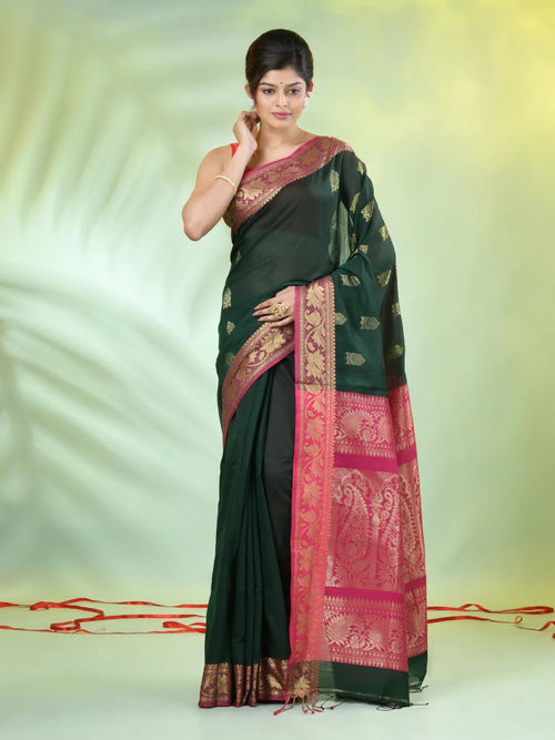 Bottle Green Cotton Saree With Nakshi Zari Borders-MA66BCT431050020