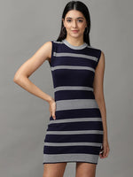 Women's Navy Blue Striped Bodycon Dress-BEC-2-Navyblue