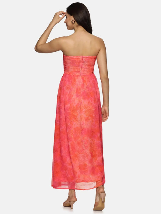 Floral Pink Front Gathered Maxi Dress-17348