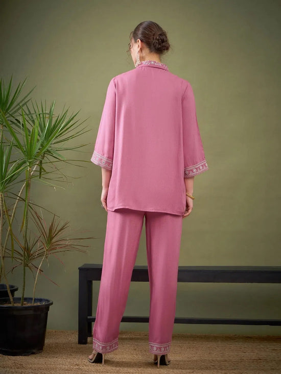 Women Pink Embroidered Shirt With Palazzos