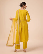 Avanshee Women's Latest Solid Embroidred Cotton Blend Alia Cut Kurta, Pant With Dupatta Set-ES-7540-Mustard