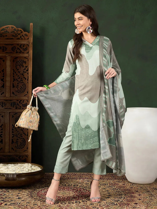 Ahika Women Green Silk Blend Abstract Printed Straight Kurta Trouser With Dupatta-PKSKD2541GRN