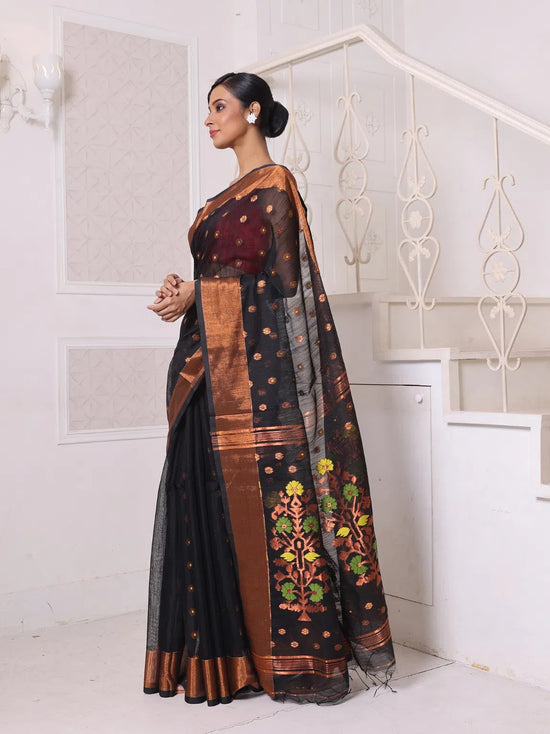 Black Cotton Saree With Zari Borders-MA64BCT401190054