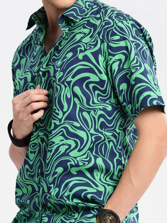 Men Spread Collar Abstract Green Casual Shirt-HARVEN-2310-Green