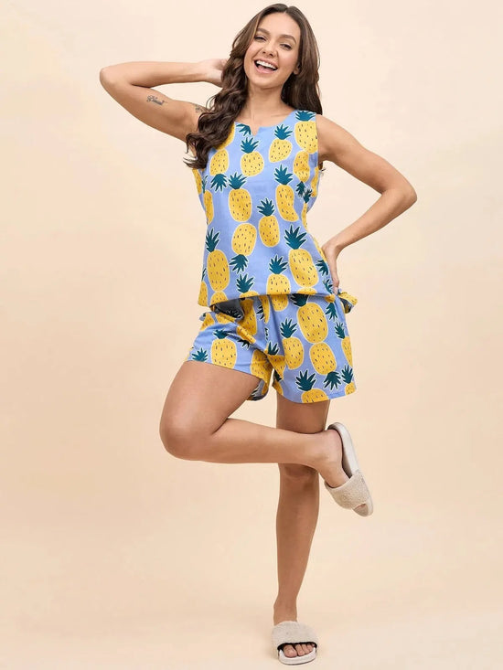 Kurta Shorts Set in Blue and Yellow Pineapple Print