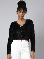 Women Solid Black Crop Cardigan-CHN-6063-Black