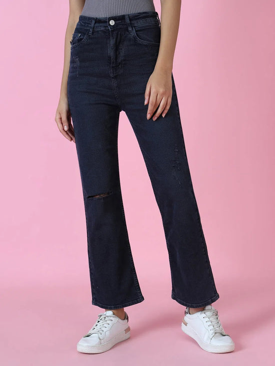 Women's Navy Blue Solid Wide Leg Denim Jeans-GZ-5290-Navyblue