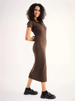 Women Brown Rib Collar Midi Dress