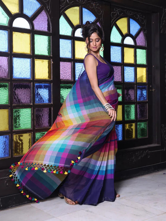 Navy Blue And Multicolor Colorblocked Mulmul Cotton Saree-MA64MCT33770058