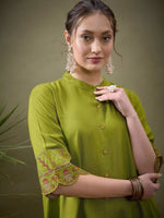 Women Green Sleeves Embroidered Shirt With Palazzos