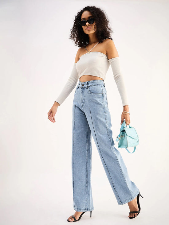 Women Blue High Waist Front Dart Straight Jeans