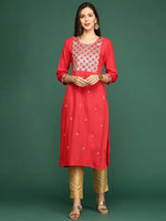 Women's Red Embellished Straight Kurta-GW-477-Red