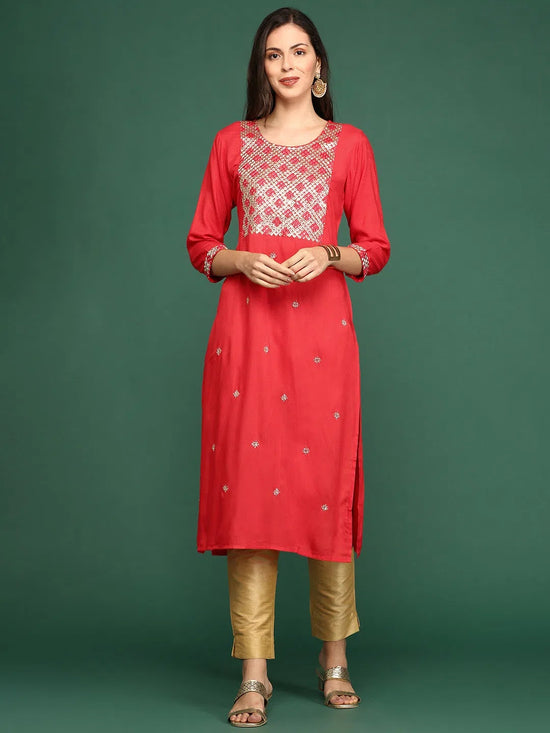 Women's Red Embellished Straight Kurta-GW-477-Red