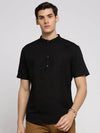 Men Black Solid Mandarin Collar Casual Short Kurta-QATARKURTHALINEN-63-Black