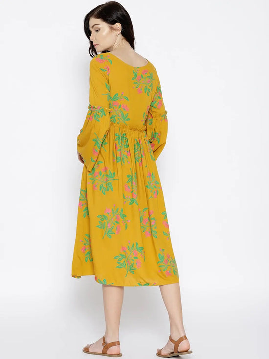 Foral Print Midi Dress with bell sleeve in Mustard