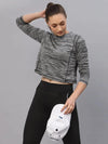 Rigo Grey Self Texture Round Neck Full Sleeve Activewear Crop Top