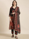 Women Straight Black Floral Kurta and Trousers Set Comes With Dupatta-UB-3150-Black