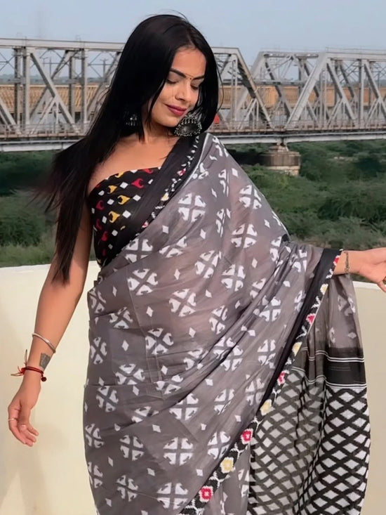 Saree Mall Women's Cotton Grey Printed Designer Saree With Blouse Piece-MINAXI1306