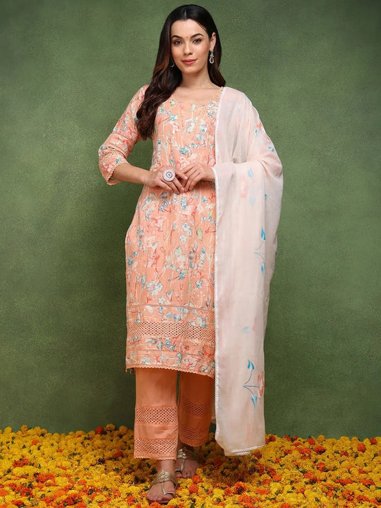 Ahika Women Peach Pure Cotton Floral Printed Straight Kurta Trouser With Dupatta-JPSKD1042PCH_M