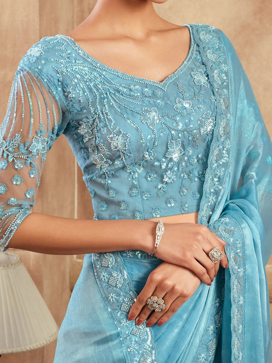 Saree Mall Women's Chiffon Light Blue Embellished Designer Saree With Blouse Piece-SRVATN7902