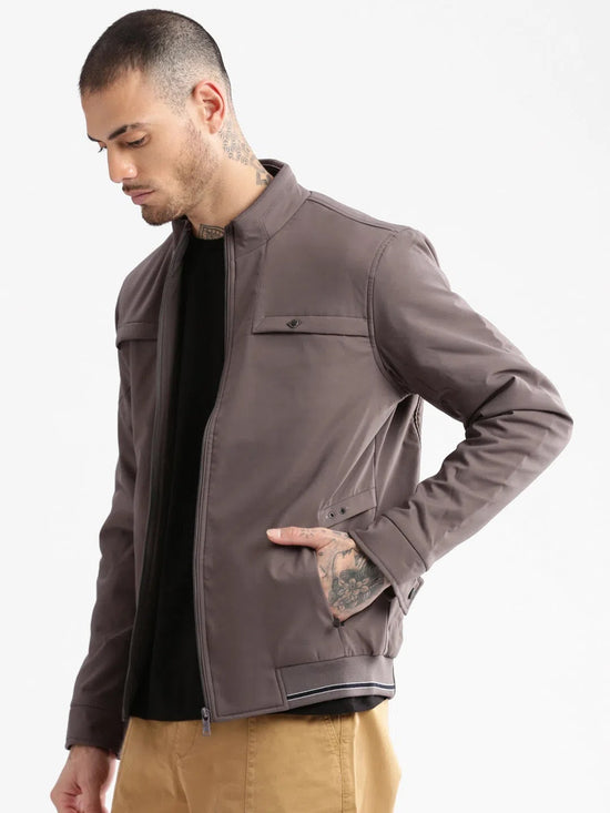 Men Mock Collar Grey Solid Bomber Jacket-ZD-3600-Grey