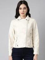 Women Solid Cream Biker Jacket-8909-Cream