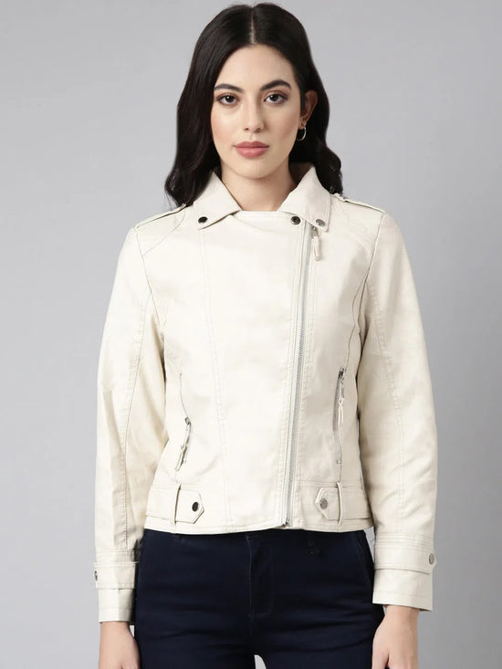 Women Solid Cream Biker Jacket-8909-Cream