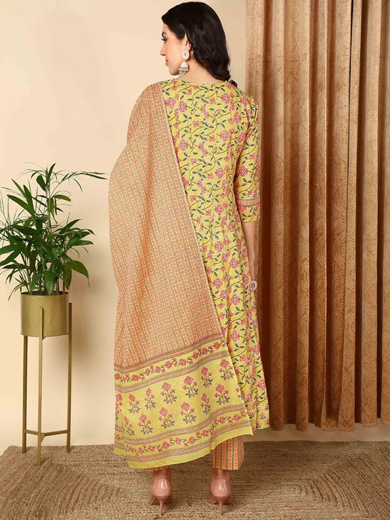 Ahika Women Yellow Cotton Printed Anarkali Kurta Pant Set